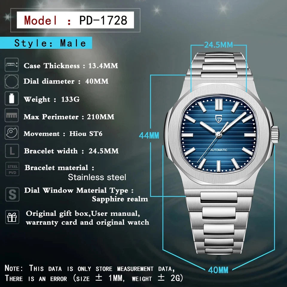 Specifications infographic for the Pagani Design PD-1728 mechanical automatic watch, showing case thickness, dial diameter, weight, perimeter, movement (Hiou ST6), bracelet width, bracelet material, dial window material, and measurement tolerances.