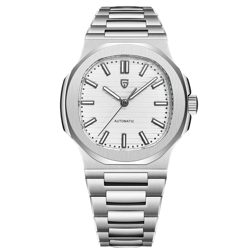 Front view of Pagani Design PD-1728 mechanical automatic chronograph watch with silver dial, stainless steel case, and integrated stainless steel bracelet, isolated on a transparent background.