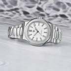 Pagani Design PD-1728 white textured dial on a steel bracelet, automatic sports watch at an angle