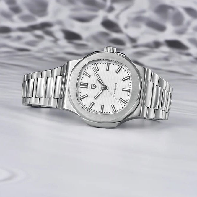 Pagani Design PD-1728 white textured dial on a steel bracelet, automatic sports watch at an angle