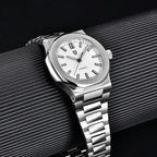 Pagani Design PD-1728 white dial and steel bracelet photographed against a ribbed black backdrop