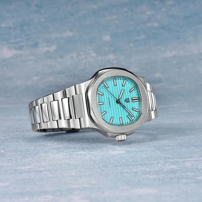 Pagani Design PD-1728 sky blue turquoise dial with steel bracelet, angled studio view