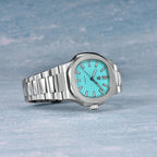 Pagani Design PD-1728 sky blue turquoise dial with steel bracelet, angled studio view