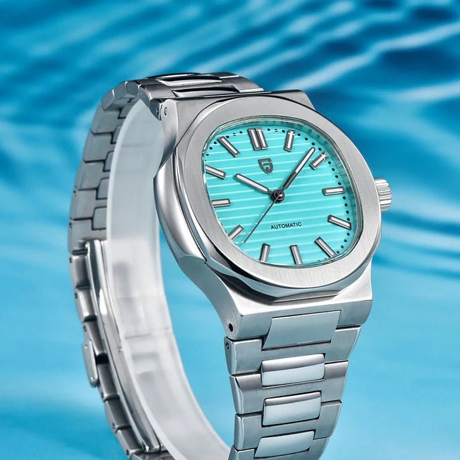Pagani Design PD-1728 turquoise sky blue dial over water, steel case with integrated bracelet