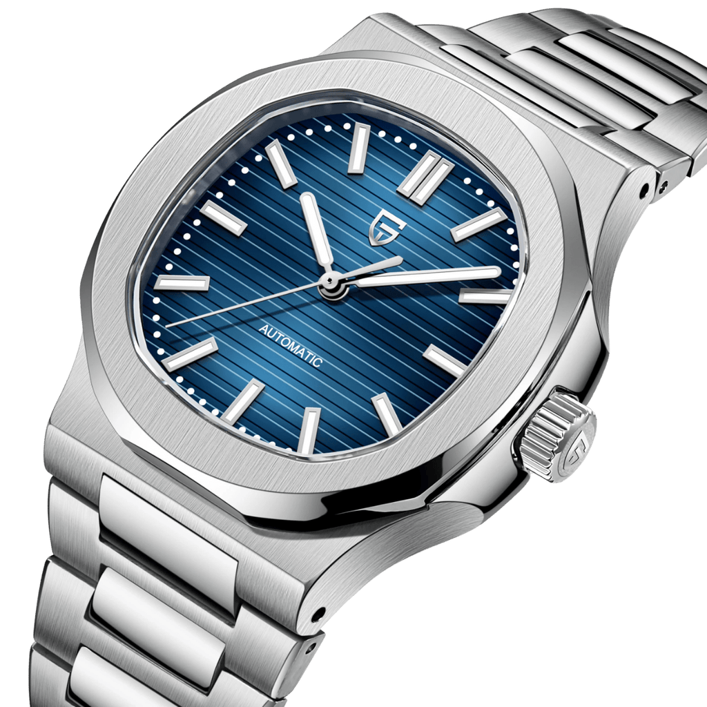 Pagani Design PD-1728 blue textured dial with integrated stainless steel bracelet, angled view
