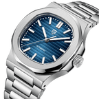Pagani Design PD-1728 blue textured dial with integrated stainless steel bracelet, angled view