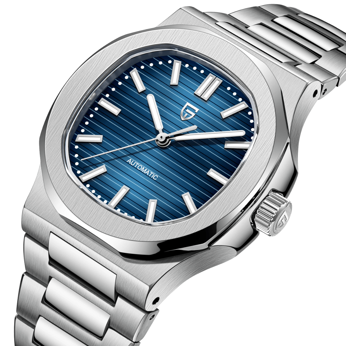 Pagani Design PD-1728 blue textured dial with integrated stainless steel bracelet, angled view