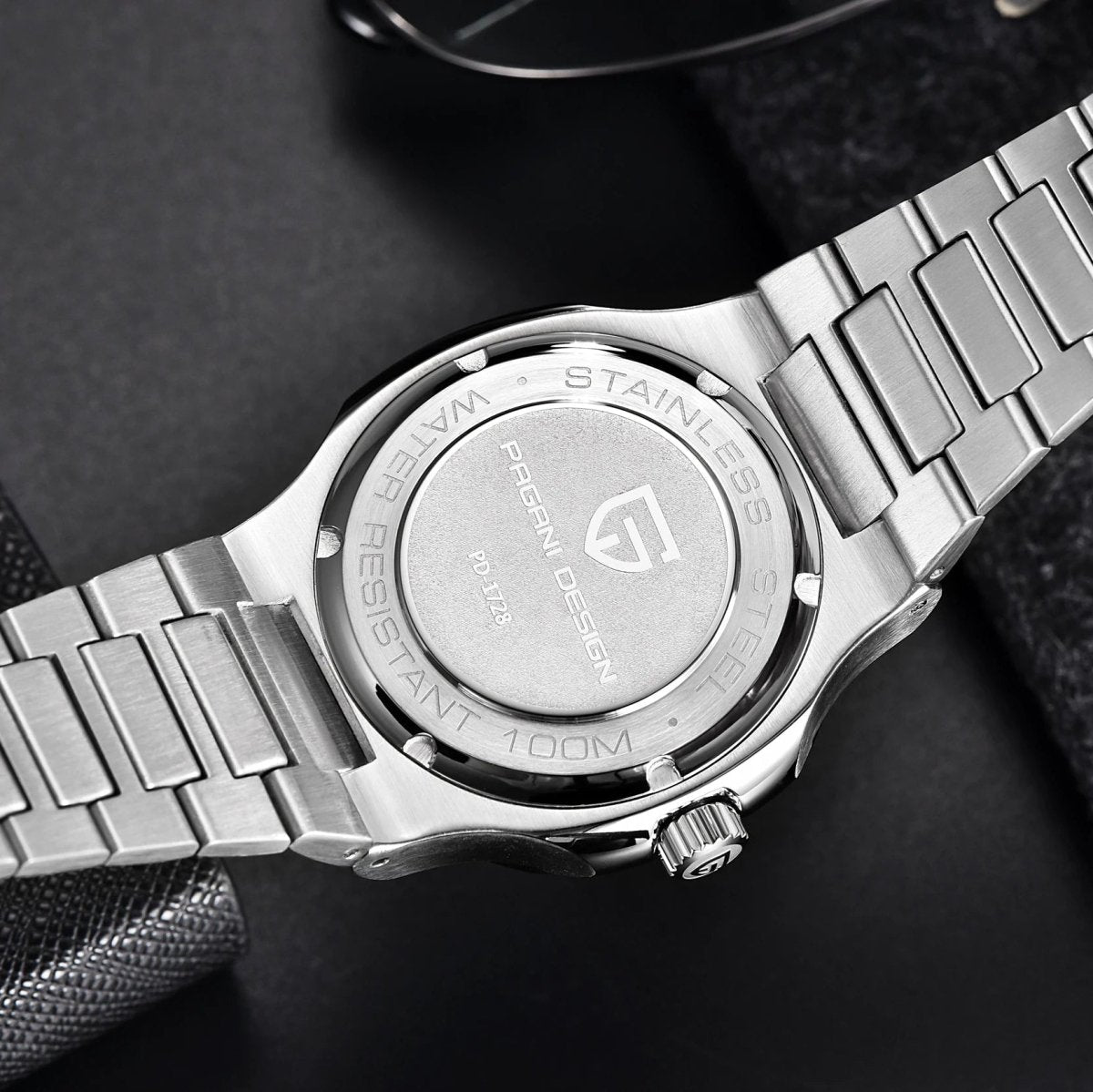 Pagani Design PD-1728 engraved steel caseback marked 100M water resistant, bracelet alongside