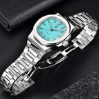 Pagani Design PD-1728 folding butterfly clasp opened on the steel bracelet, sky blue dial above
