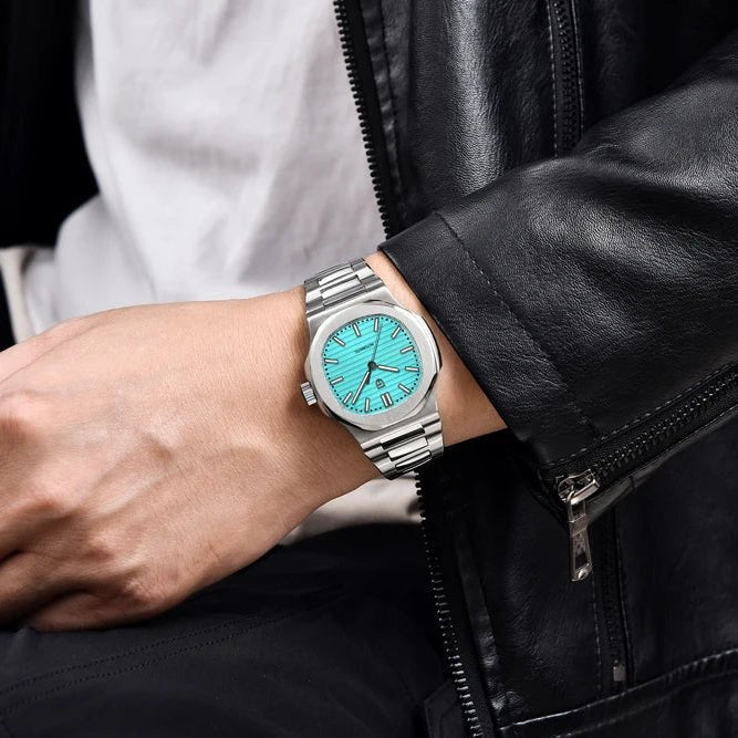 Pagani Design PD-1728 sky blue dial worn on the wrist with a black leather jacket