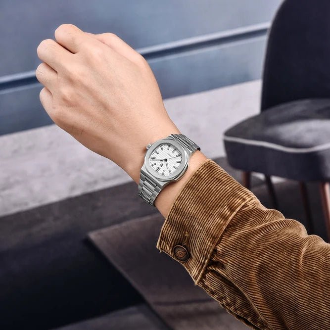 Pagani Design PD-1728 white dial worn on a wrist, showing case and bracelet proportions