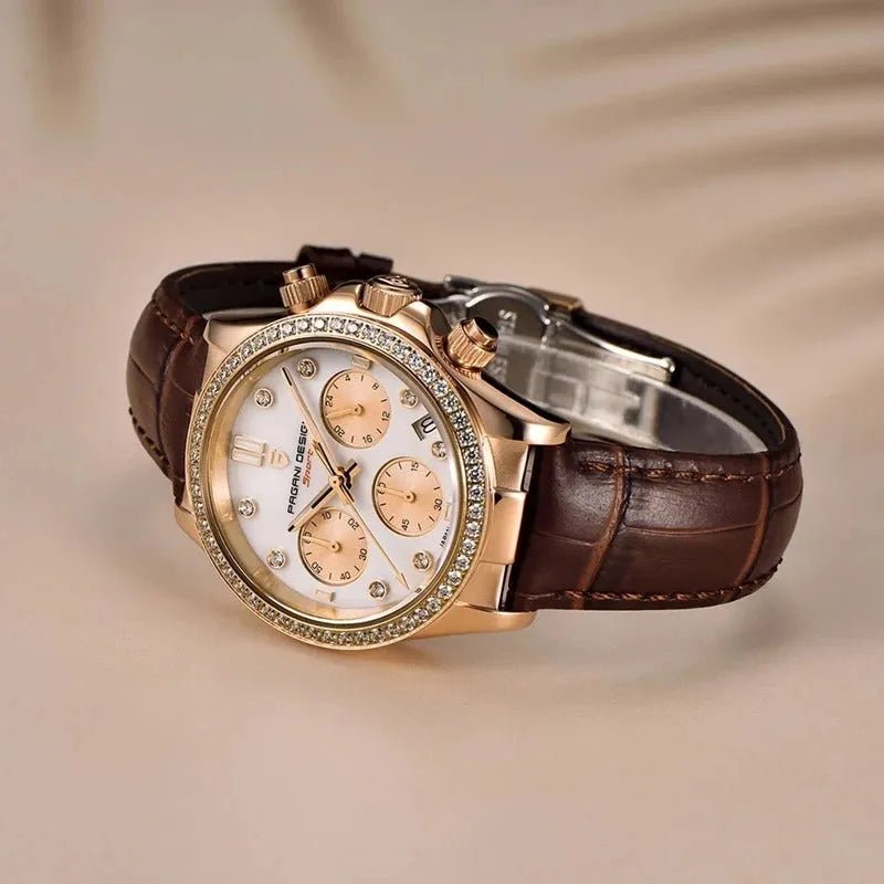 Pagani Design PD-1730 rose gold on brown leather with the folding clasp open, angled three-quarter view