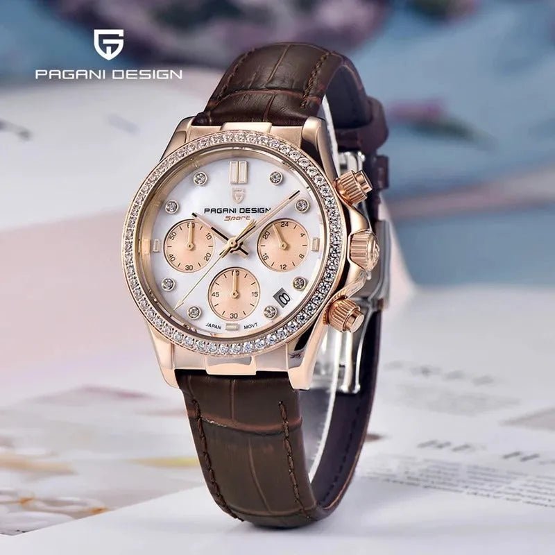 Pagani Design PD-1730 rose gold and brown leather angled view showing crystal bezel and pearl dial