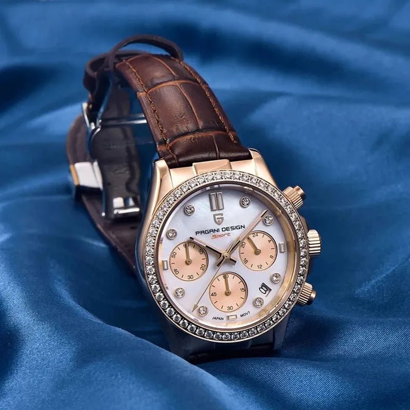 Pagani Design PD-1730 rose gold with brown leather styled on blue satin, pearl dial and crystal bezel