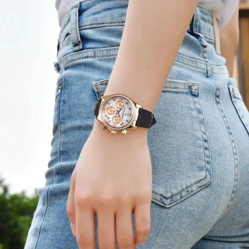 Pagani Design PD-1730 worn on a wrist, rose gold 36mm case with black leather strap shown for scale