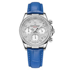 Pagani Design PD-1730 blue leather strap women's watch, glitter silver dial, crystal-set steel bezel, three subdials