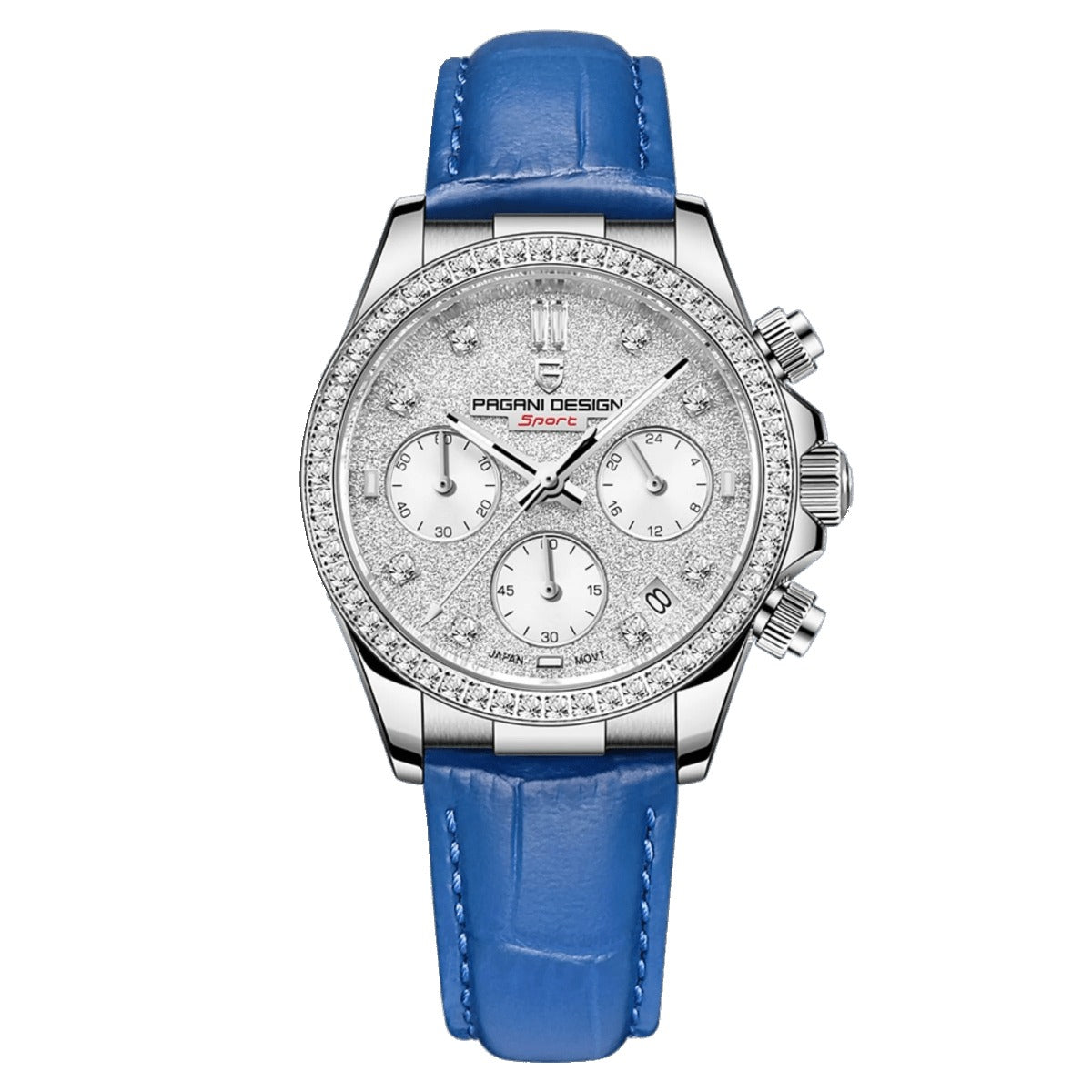 Pagani Design PD-1730 blue leather strap women's watch, glitter silver dial, crystal-set steel bezel, three subdials