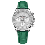 Pagani Design PD-1730 green leather strap, silver glitter chronograph dial and crystal-set stainless steel bezel