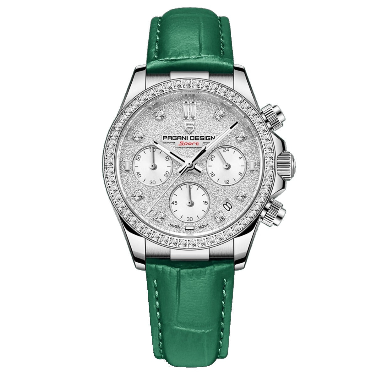 Pagani Design PD-1730 green leather strap, silver glitter chronograph dial and crystal-set stainless steel bezel