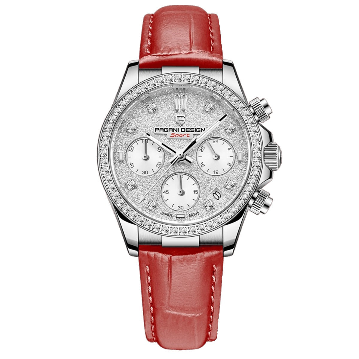 Pagani Design PD-1730 red leather strap, silver glitter dial and crystal-set steel bezel, women's 36mm quartz chrono