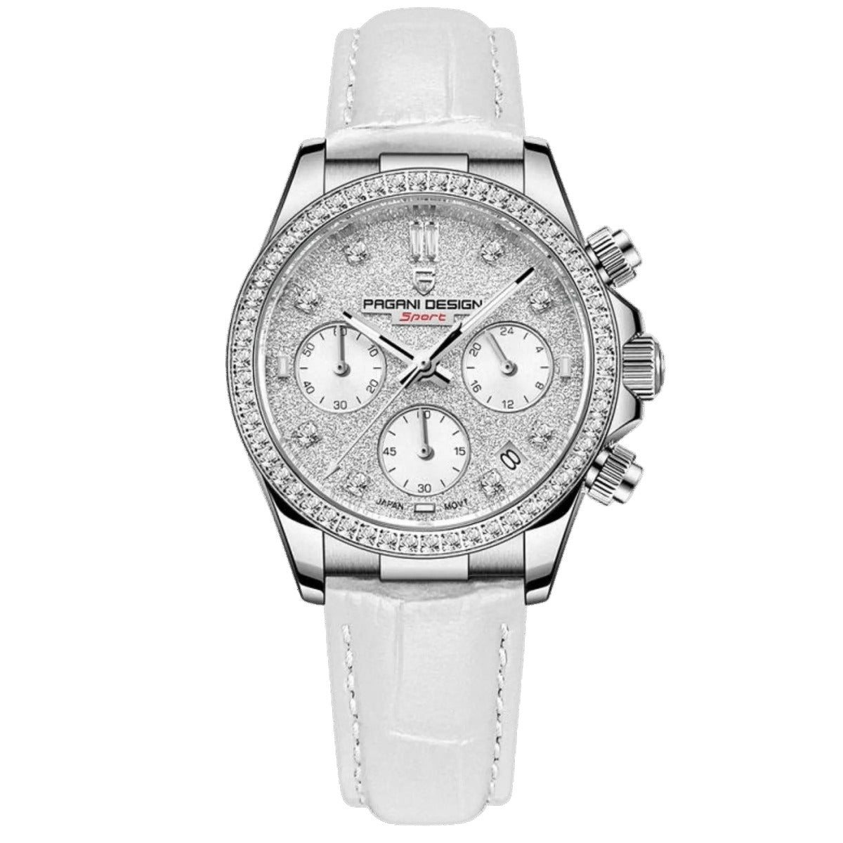 Pagani Design PD-1730 white leather strap version, sparkling silver dial and crystal-set steel bezel, 36mm quartz