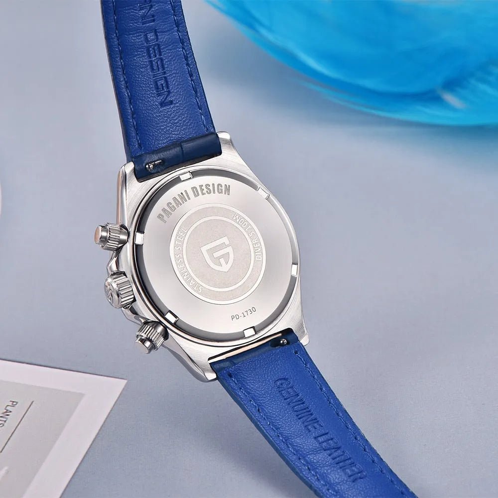 Pagani Design PD-1730 engraved stainless steel caseback with model marking, shown on the blue leather strap