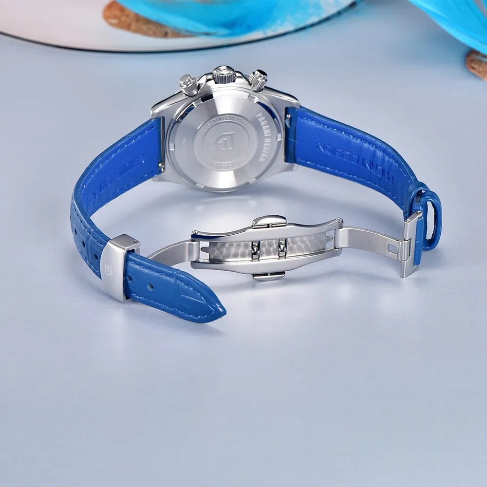 Pagani Design PD-1730 blue strap butterfly deployment clasp opened, with the engraved steel caseback
