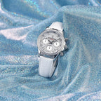 Pagani Design PD-1730 white leather strap styled on blue glitter fabric, sparkling silver chronograph dial