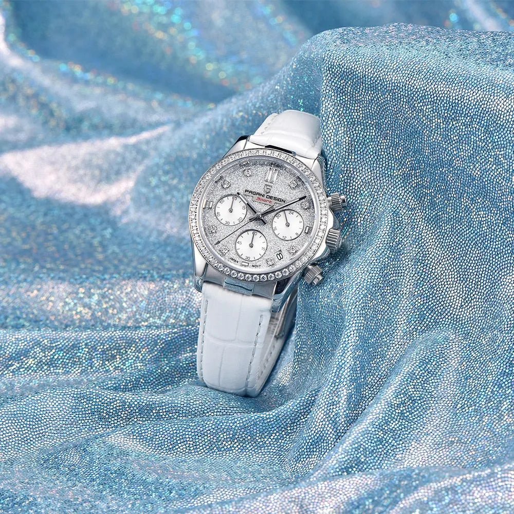 Pagani Design PD-1730 white leather strap styled on blue glitter fabric, sparkling silver chronograph dial