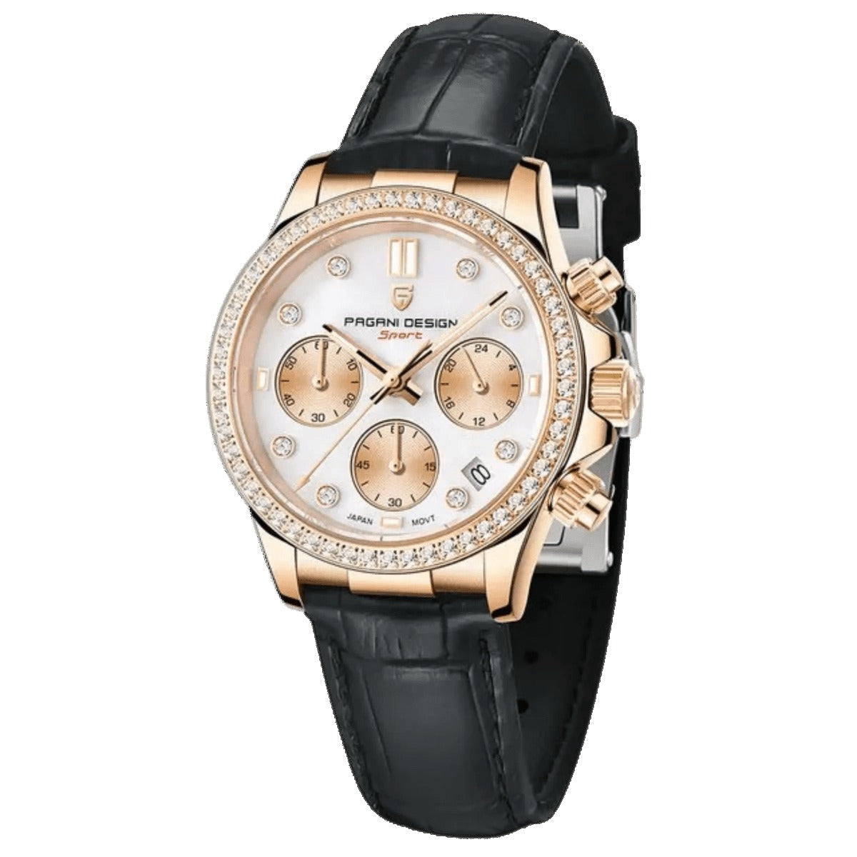 Pagani Design PD-1730 rose gold case on black leather strap, white pearl dial with rose gold subdials