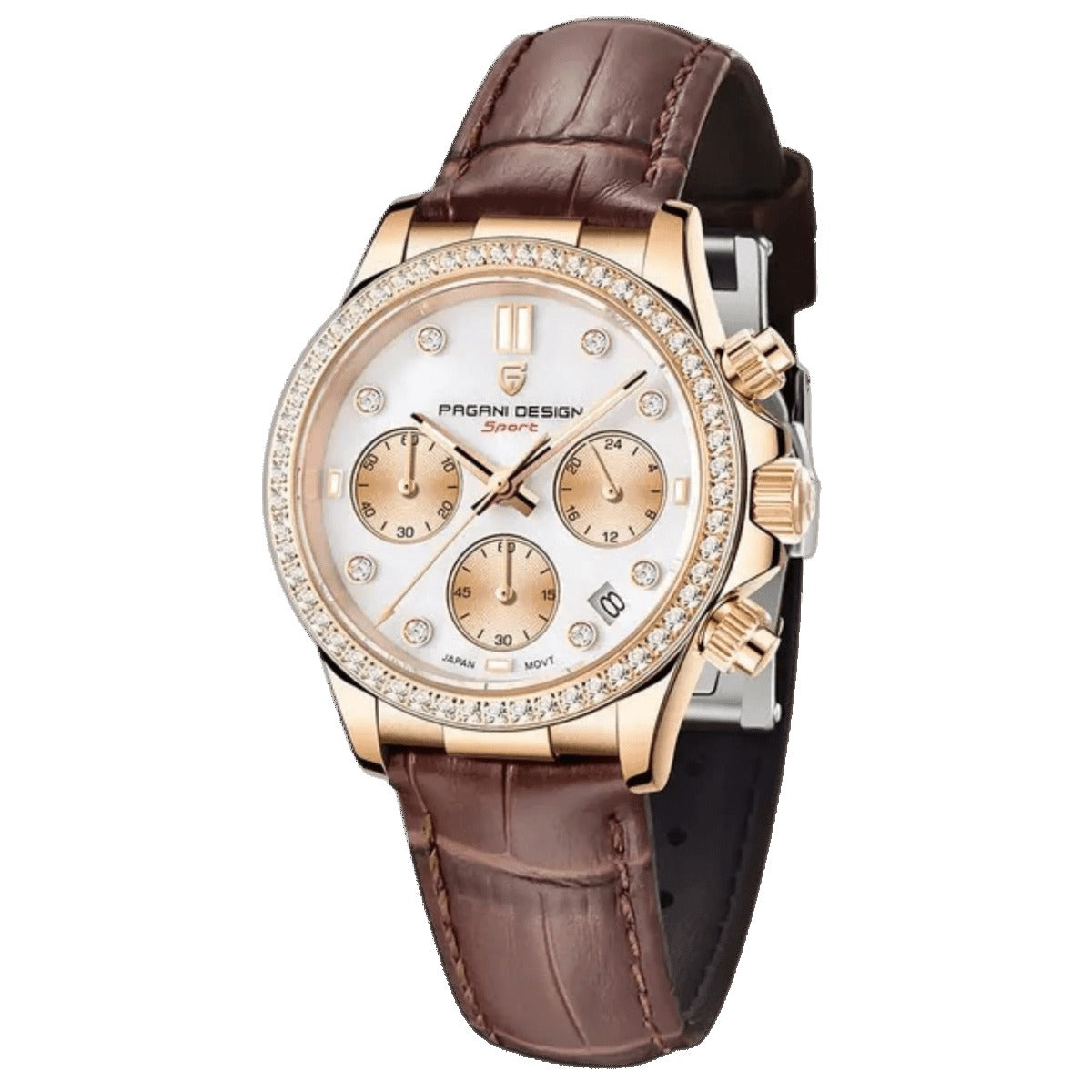 Pagani Design PD-1730 rose gold case with brown leather strap, white pearl dial and crystal-set bezel