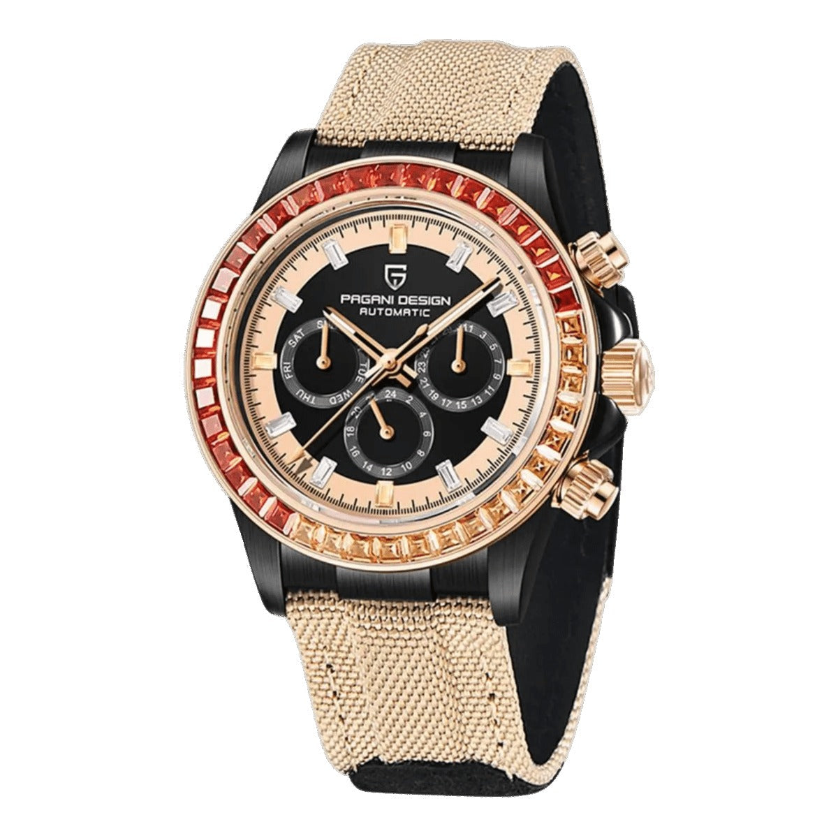Pagani Design PD-1732 rose gold chronograph dial, red gem bezel, black case and khaki strap