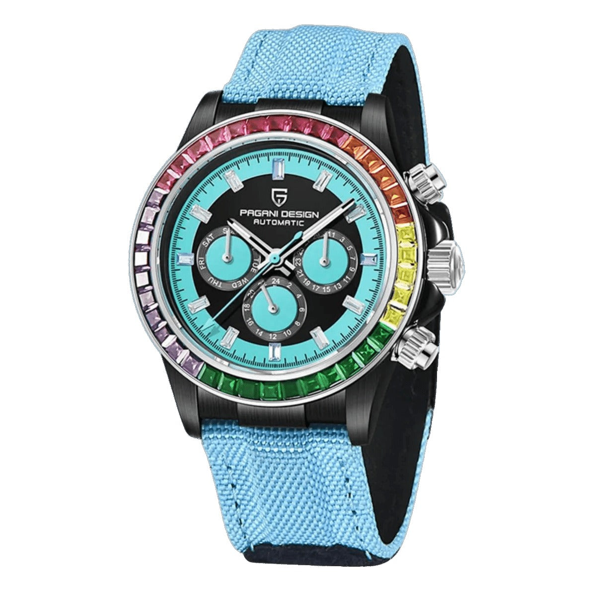 Pagani Design PD-1732 black chronograph dial with sky blue subdials, rainbow bezel, blue strap