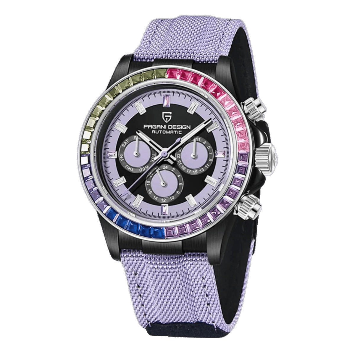 Pagani Design PD-1732 purple subdial chronograph with rainbow gem bezel on purple nylon strap