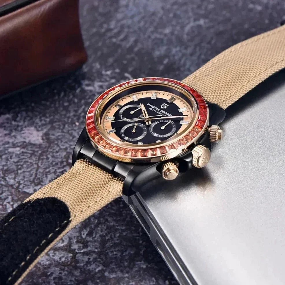 Pagani Design PD-1732 rose gold edition on dark stone, red bezel stones and case profile