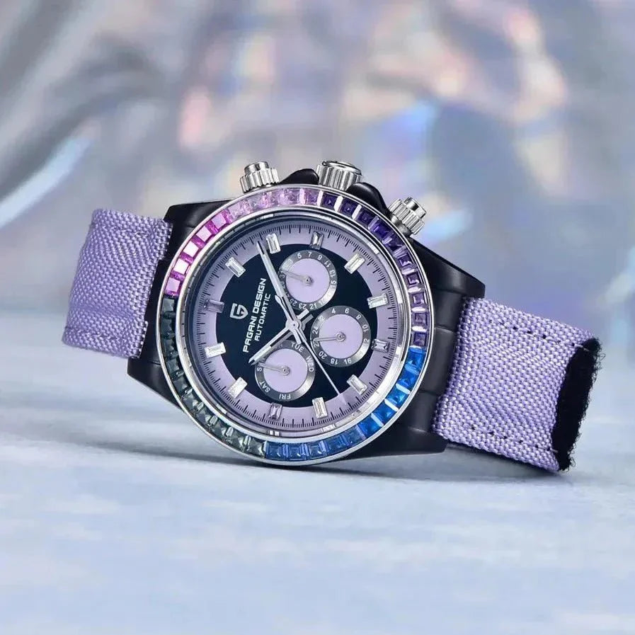 Pagani Design PD-1732 purple nylon strap chronograph against an iridescent background