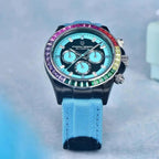 Pagani Design PD-1732 blue edition angled to show rainbow baguette bezel and chrono pushers