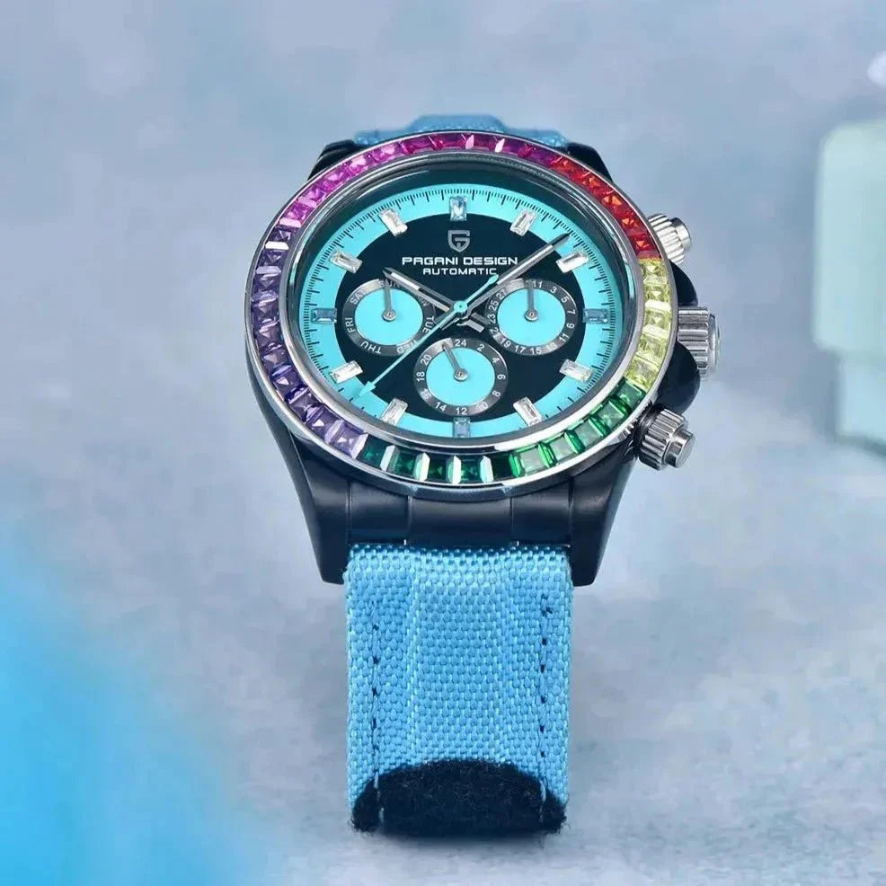 Pagani Design PD-1732 blue edition angled to show rainbow baguette bezel and chrono pushers