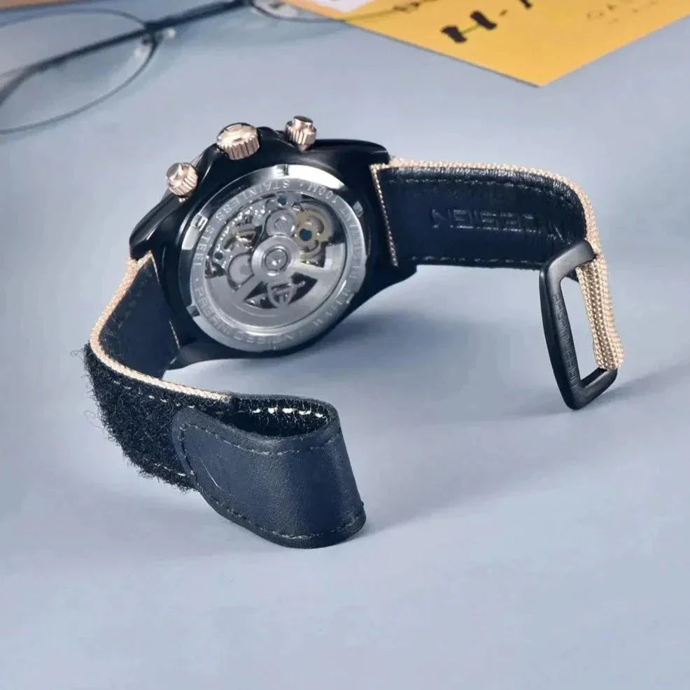 Pagani Design PD-1732 rear view with the strap open, skeleton caseback and rose gold pushers