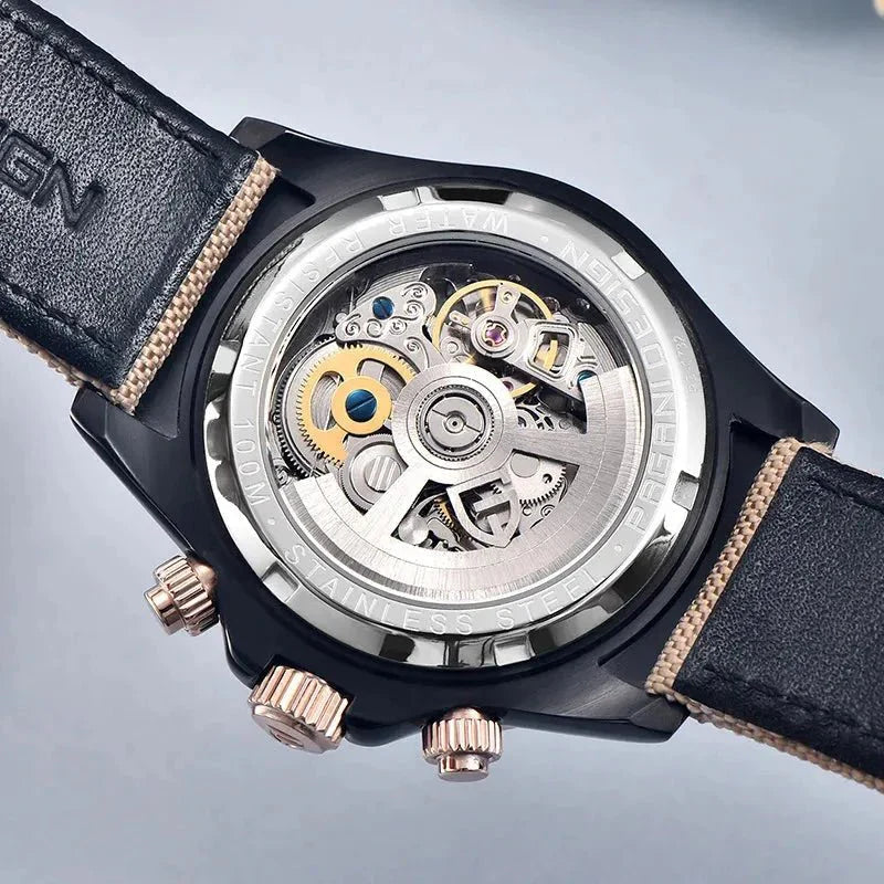 Pagani Design PD-1732 exhibition caseback revealing the skeleton automatic chronograph movement