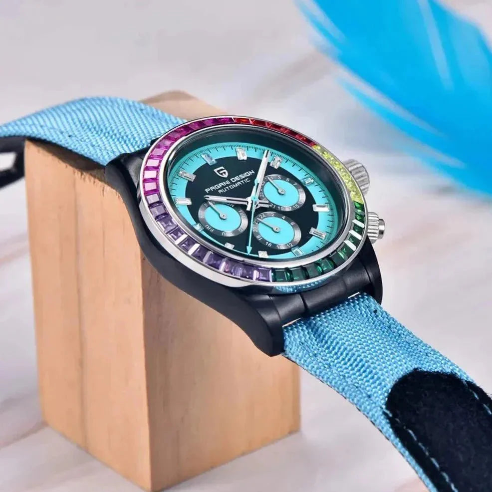 Pagani Design PD-1732 blue nylon strap model on a wooden block, three subdials in view