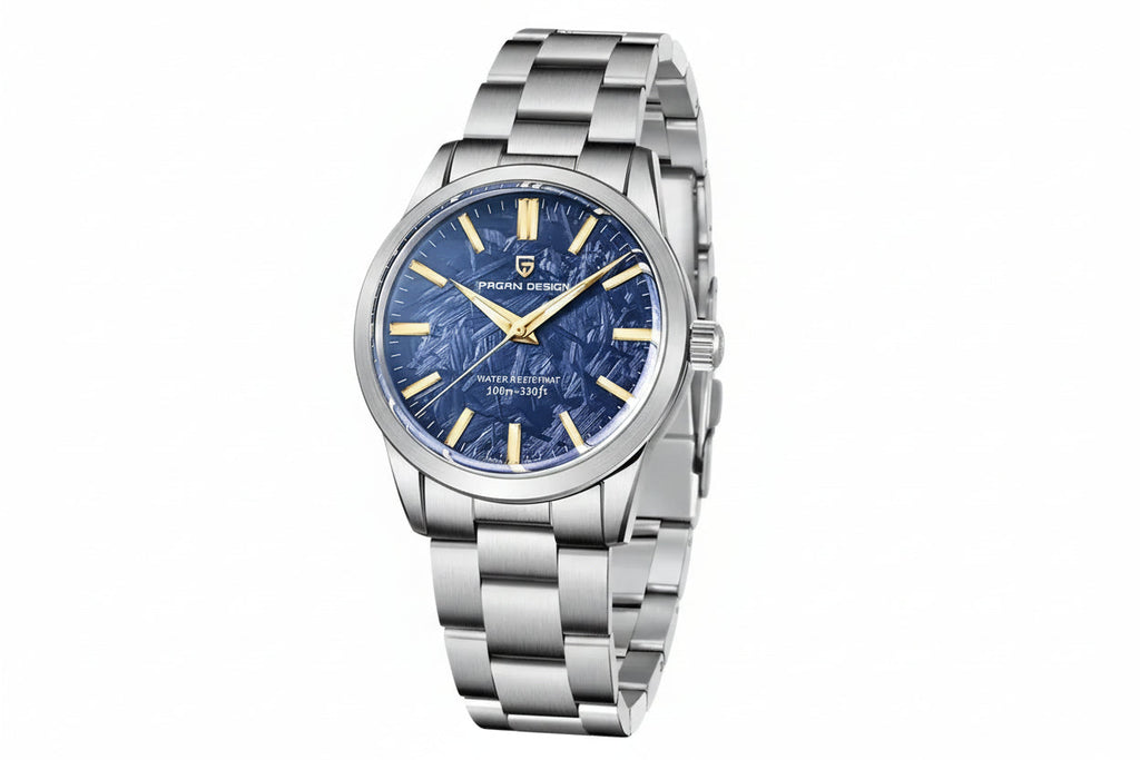 PAGANI DESIGN PD-1734 watch with blue meteorite dial, angled side view