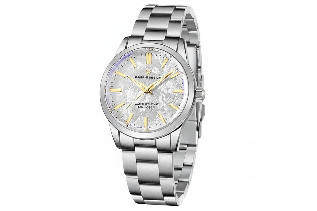 PAGANI DESIGN PD-1734 watch with white meteorite dial, angled side view
