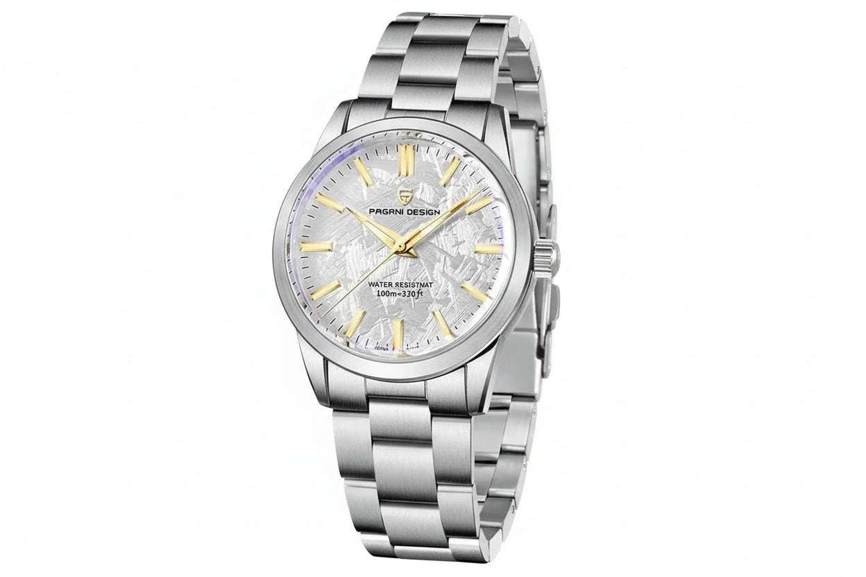 PAGANI DESIGN PD-1734 watch with white meteorite dial, angled side view