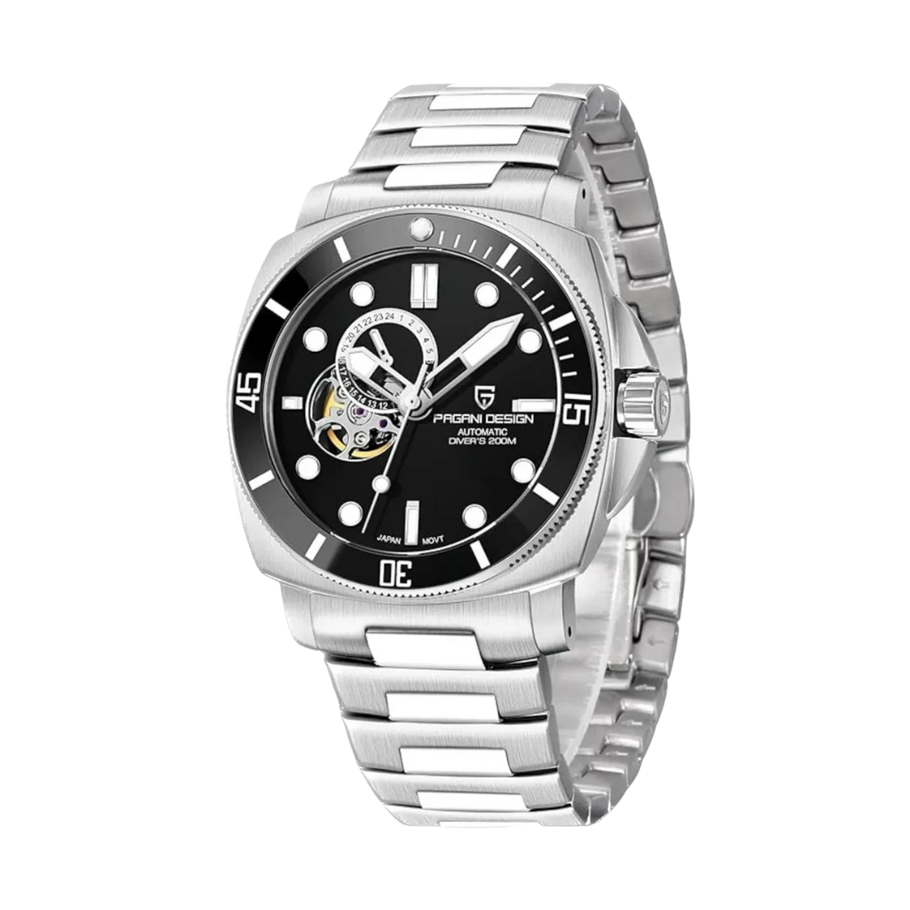 PAGANI DESIGN PD-1736 diver skeleton watch with black dial and steel bracelet, side view