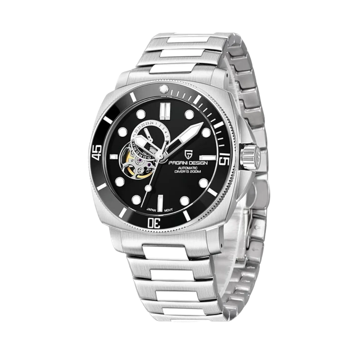 PAGANI DESIGN PD-1736 diver skeleton watch with black dial and steel bracelet, side view