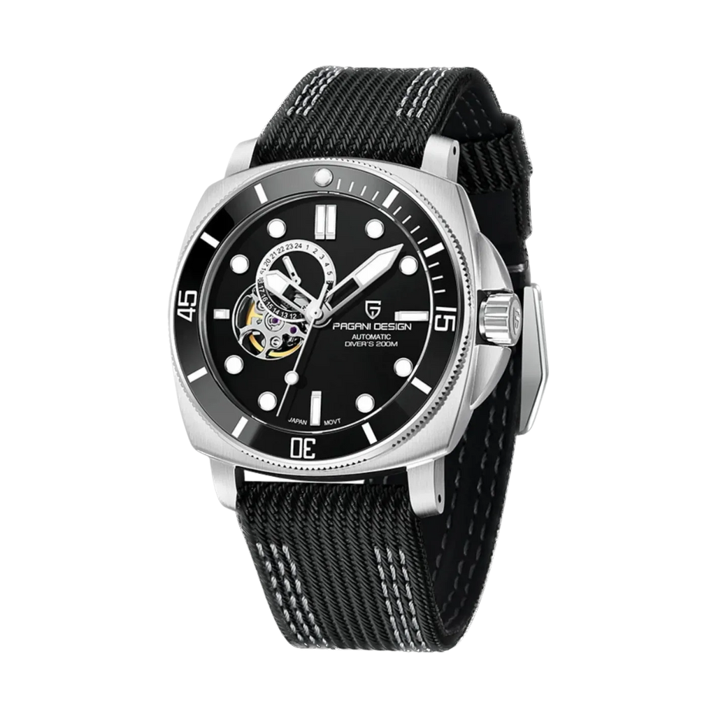 PAGANI DESIGN PD-1736 diver skeleton watch with black dial and rubber strap, side view