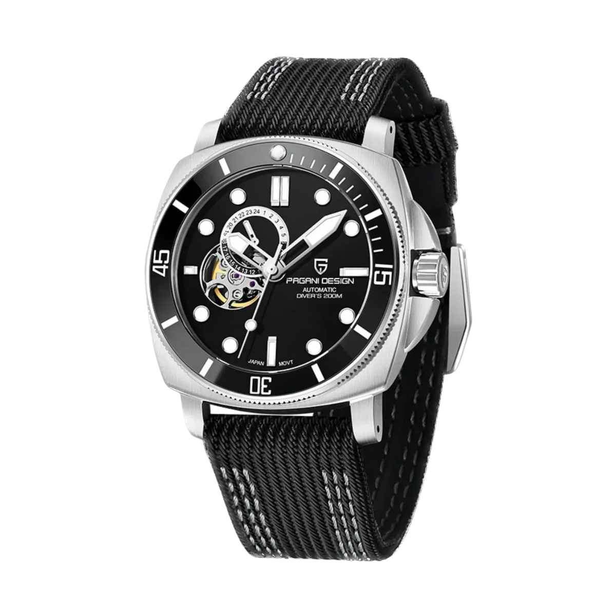 PAGANI DESIGN PD-1736 diver skeleton watch with black dial and rubber strap, side view