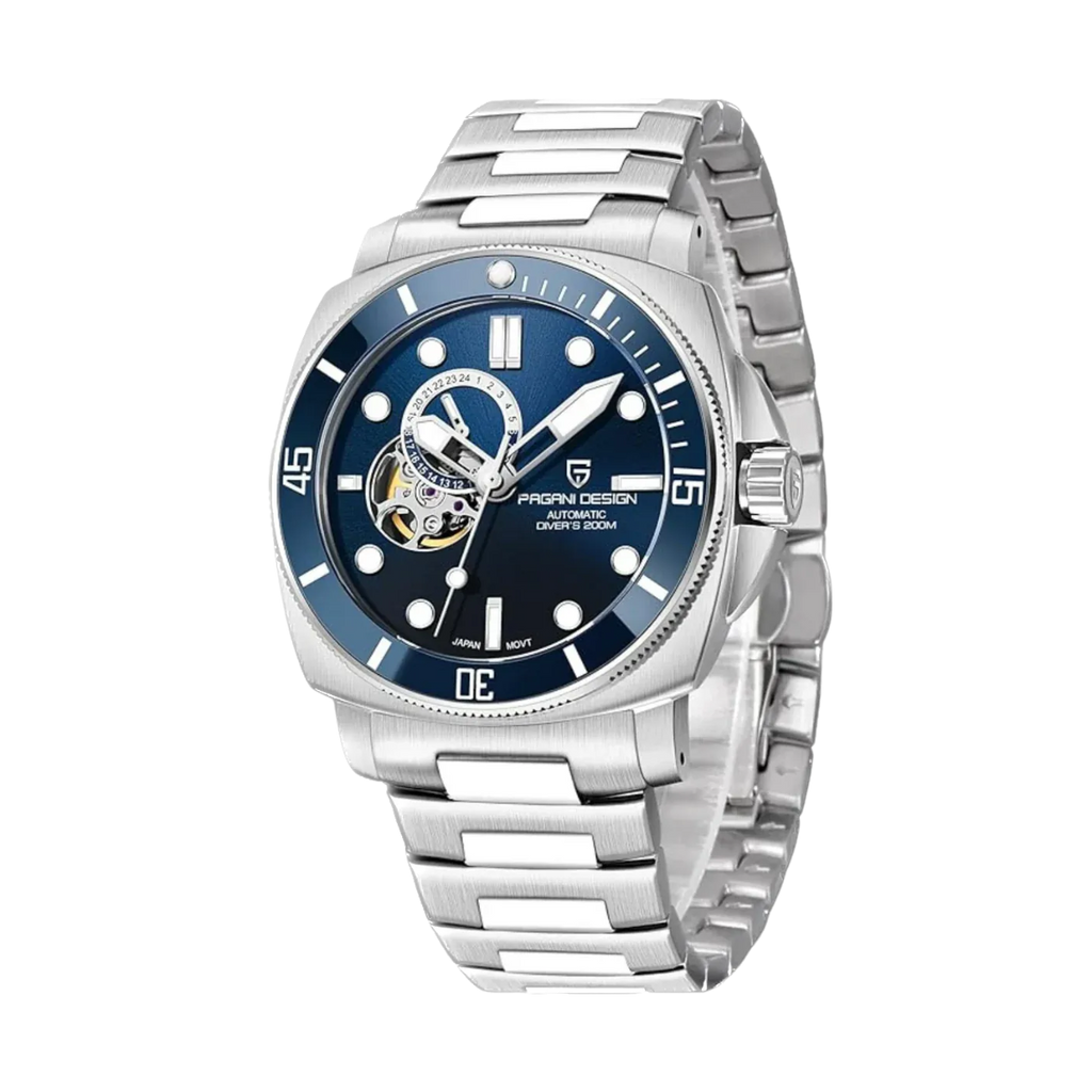 PAGANI DESIGN PD-1736 diver skeleton watch with blue dial, angled side view