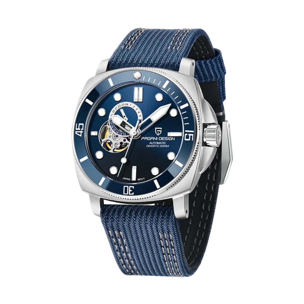 PAGANI DESIGN PD-1736 diver skeleton watch with blue dial and blue strap, side view